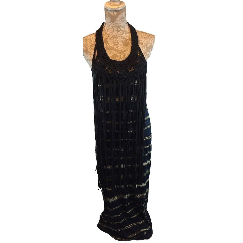 Denim & Supply Ralph Lauren Maxi Dress Tribal Print Crochet Fringe Halter S Boho